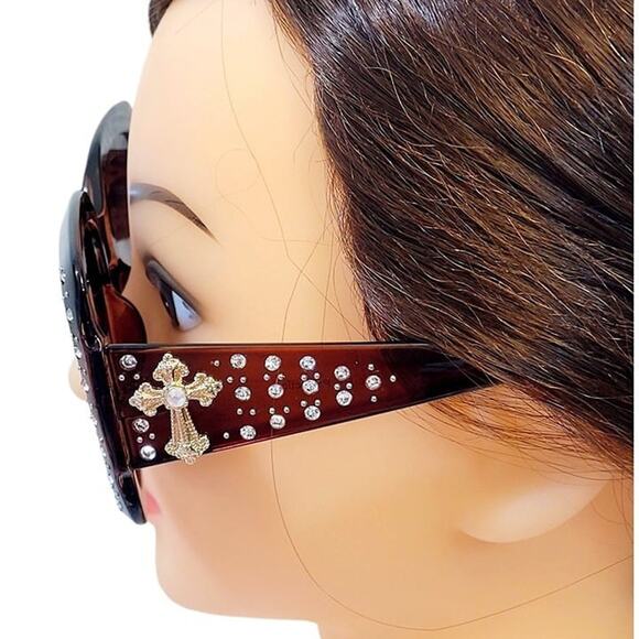 NEW Womens Sunglasses BLING Brown SQUARE Gold CROSS Rhinestones Brown Gold - Picture 3 of 5